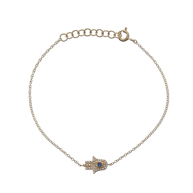 Pave & Sapphire Hamsa Chain Bracelet in Yellow Gold - Moondance Jewelery Gallery
