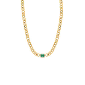 Curb Chain Necklace with Emerald & Diamond Pendant