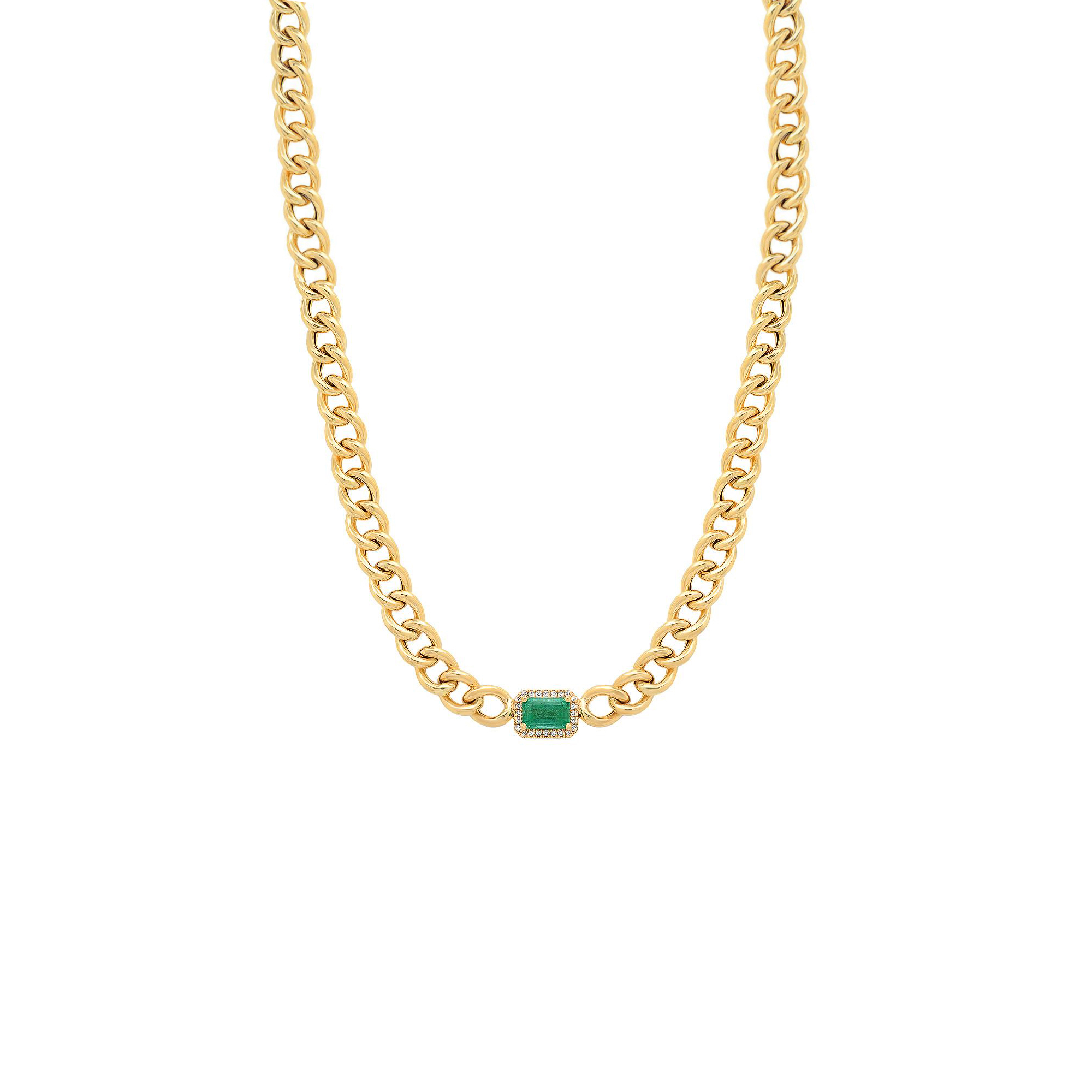 14K Gold Curb Chain Bracelet with Emerald & Diamond Pendant