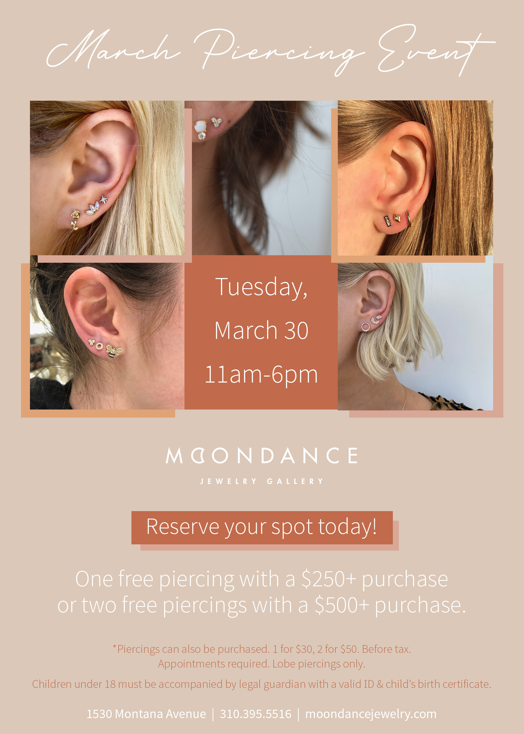 Tuesday, March 30, 2021 Piercing Event at Moondance Jewelry Gallery in Santa Monica, CA
