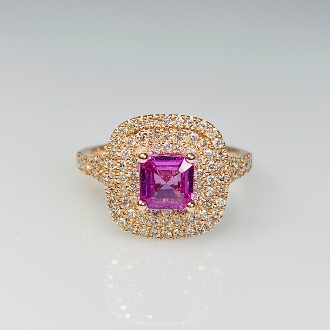 14K Rose Gold Asscher Cut Pink Sapphire Diamond Ring