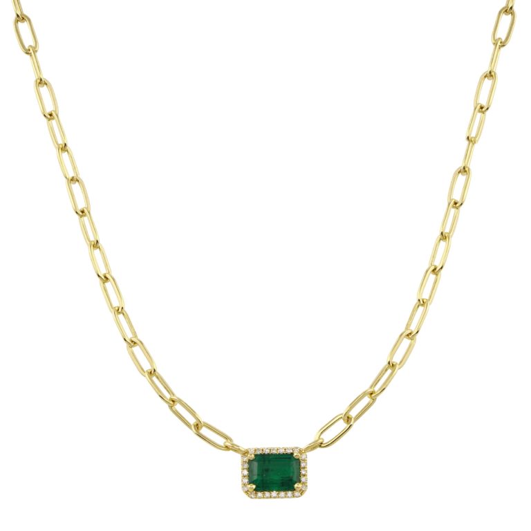 Emerald Cut Emerald with Pave Halo on Link Chain