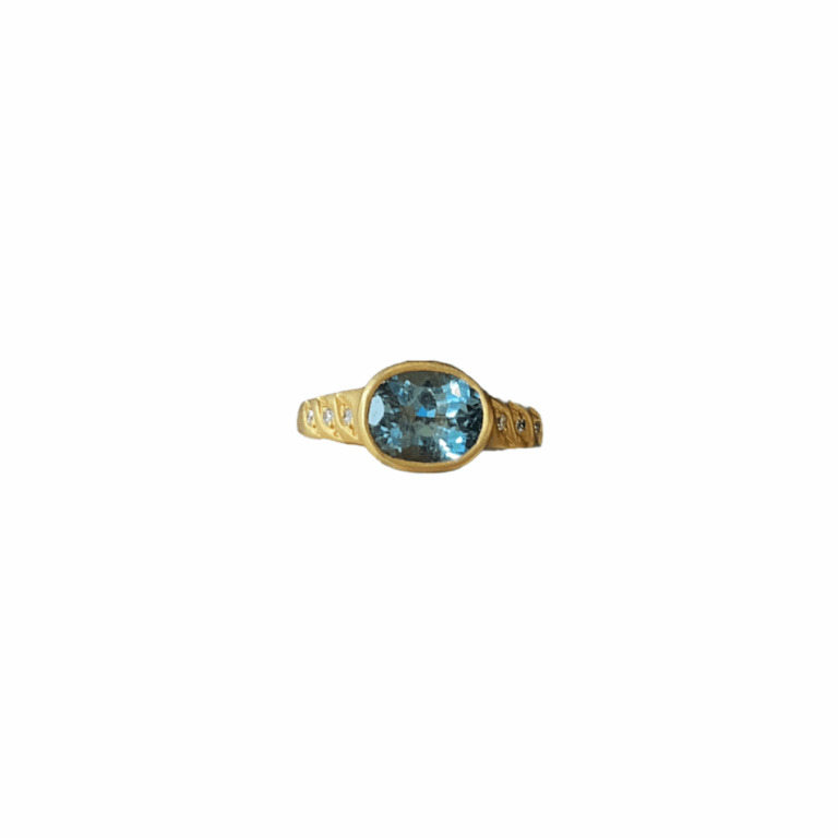 Blue Sapphire Oval Ring with Diamonds Straight on View