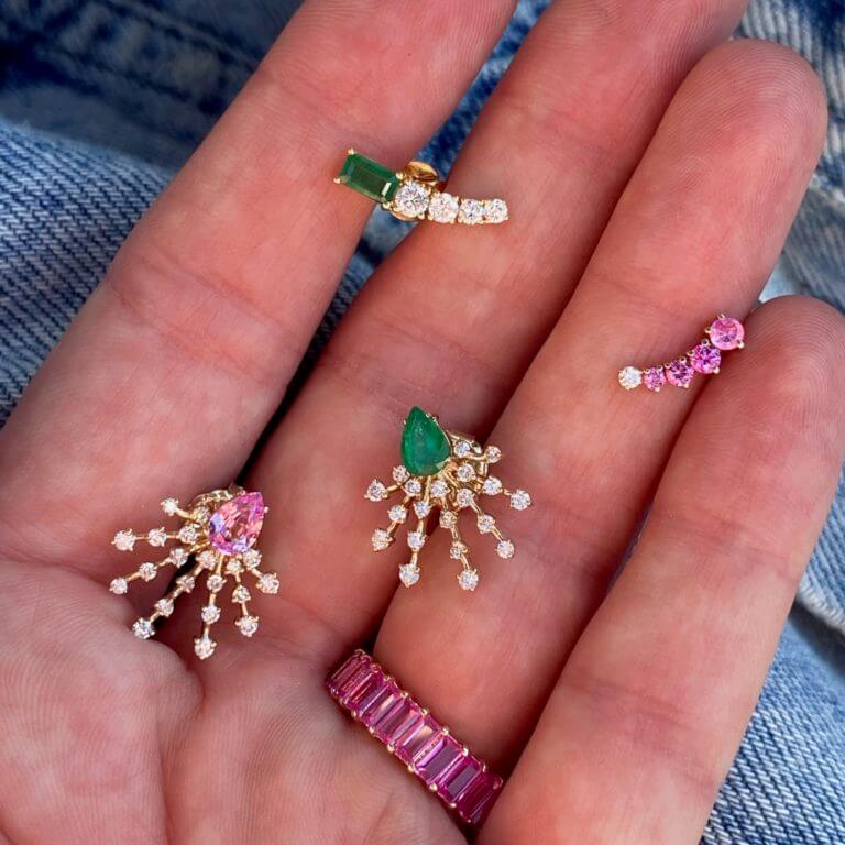 Diamond, Emerald and Pink Sapphire Ray and Ear Crawler Studs, NEW at Moondance Jewelry Gallery