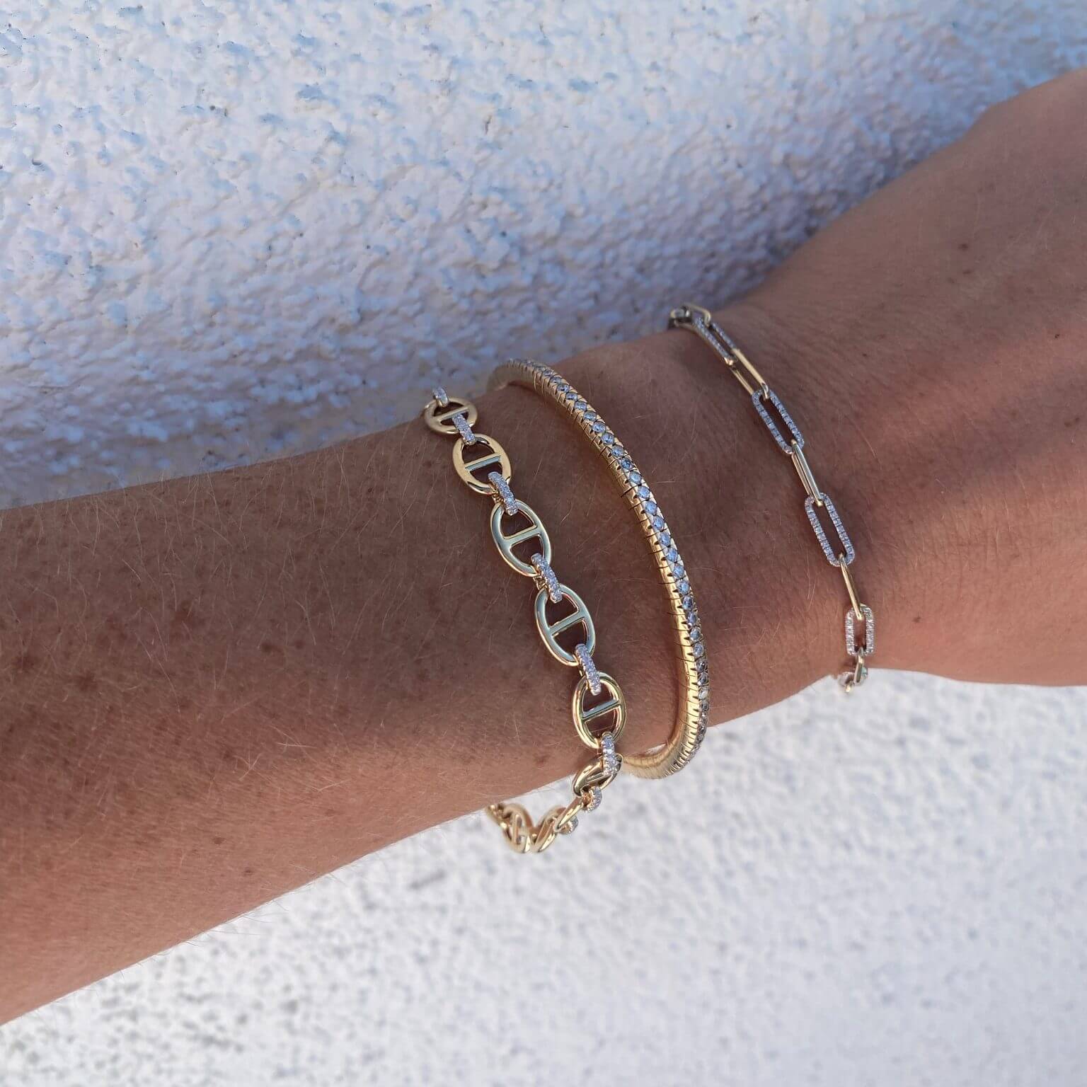 Diamond Link & Anchor Chain Bracelet and Solid & Pave Paper Clip Bracelet, both NEW at Moondance Jewelry