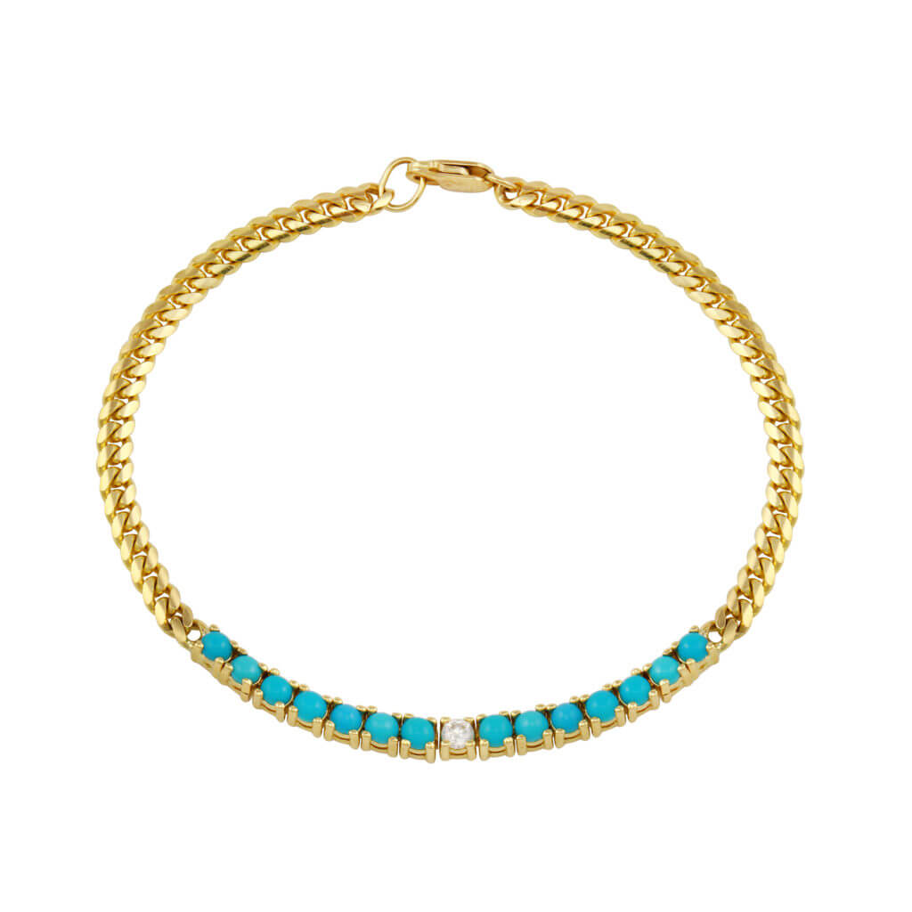 Miami Cuban Chain with Turquoise and Diamond in Yellow Gold