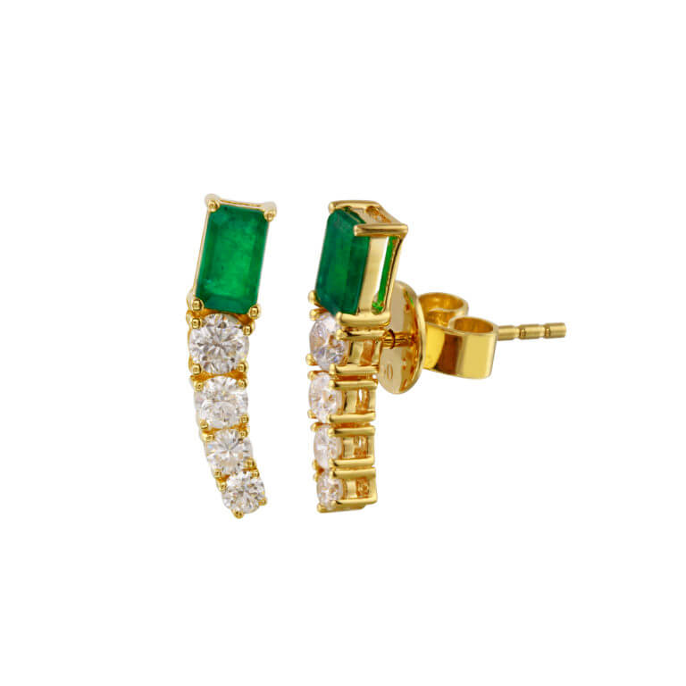18k Yellow Gold Emerald and Graduated Diamond Ear Crawler Studs