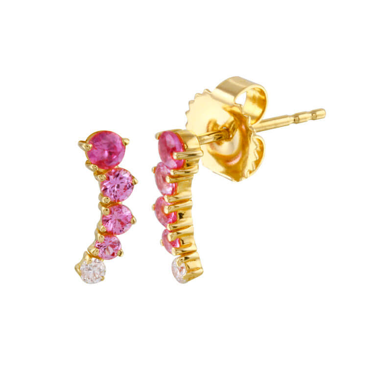 Pink Sapphire and Diamond Curved Studs in 14k Yellow Gold