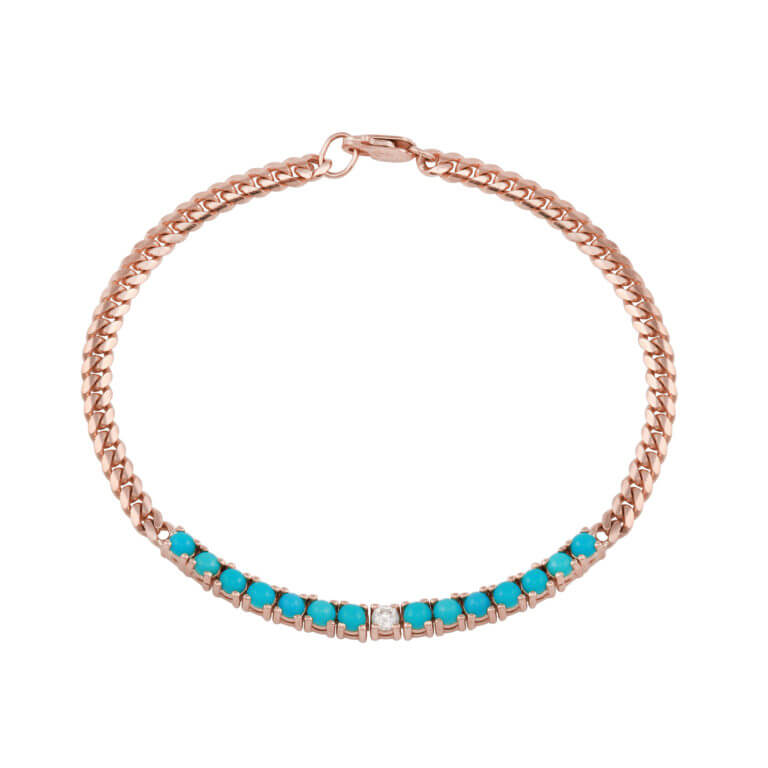 14k Rose Gold Cuban Chain with Turquoise and a Single Diamond Bracelet