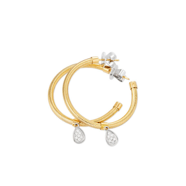 18k yellow gold snake chain hoops with pear shaped pave diamond charm