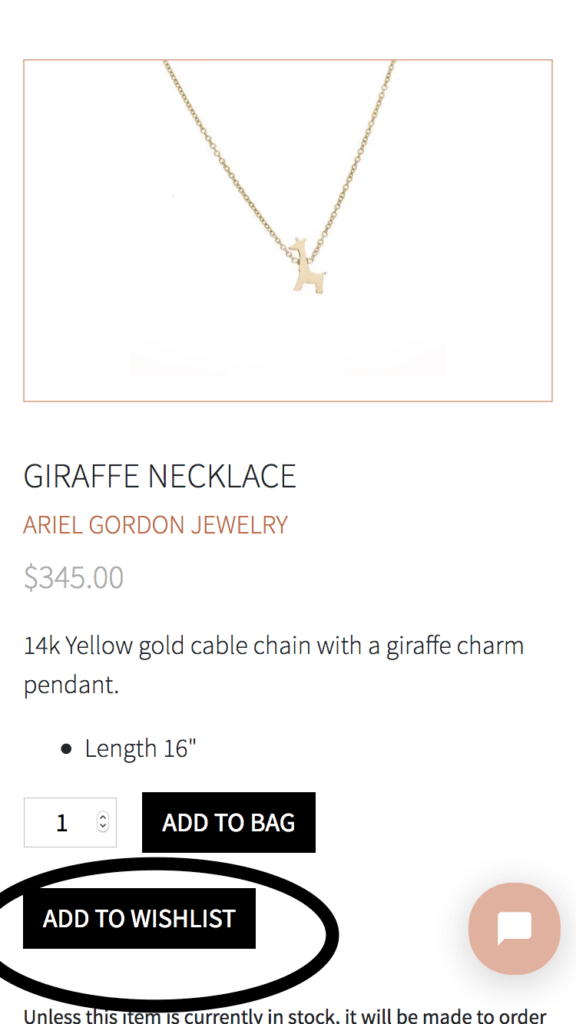 Giraffe necklace product page -- highlighting Add to Wishlist