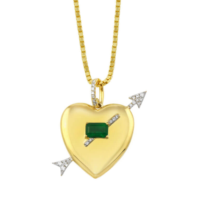 Heart & Arrow Pendant with Emerald in Yellow Gold