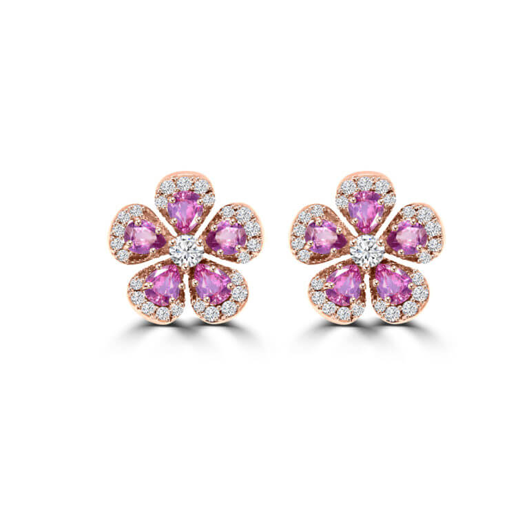 Pink Sapphire & Diamond Flower Studs