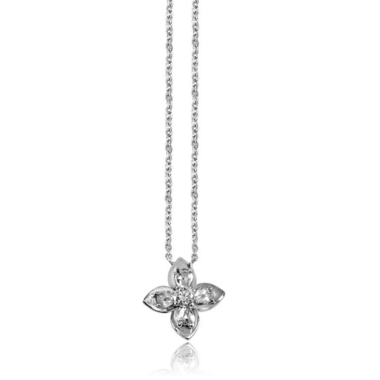 Four Petal Flower Diamond Necklace in 18k White Gold