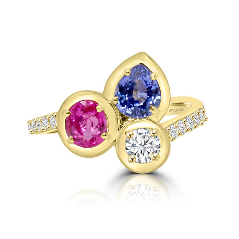 Vivaan Ruby Blue Sapphire and Diamond Trio Ring