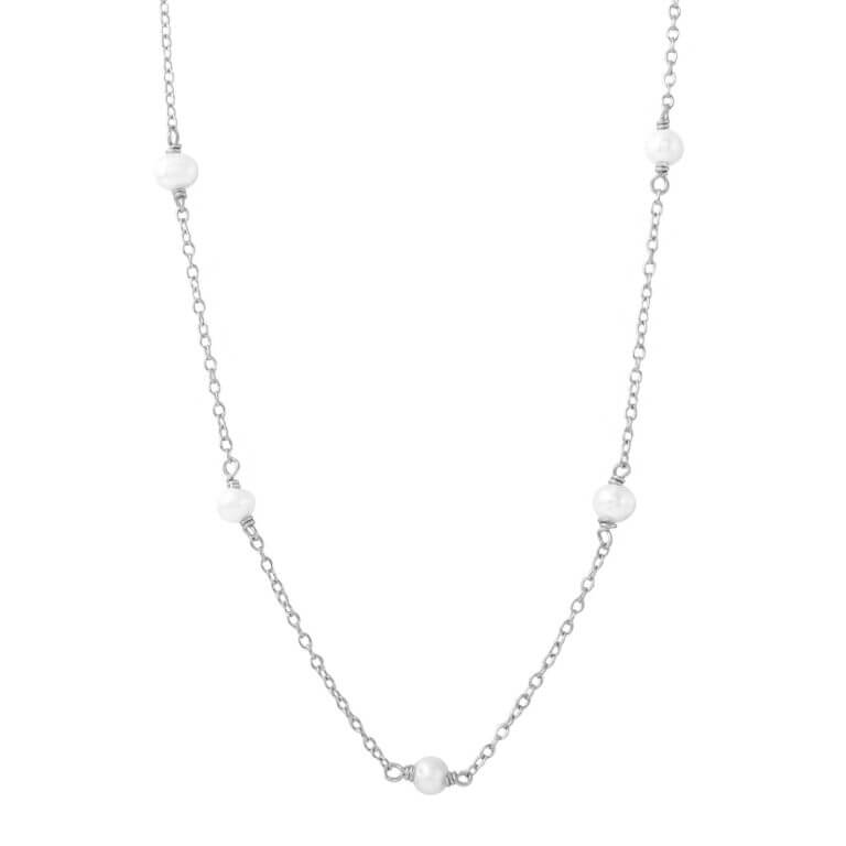 Mini Freshwater Pearl Station Necklace in Sterling Silver