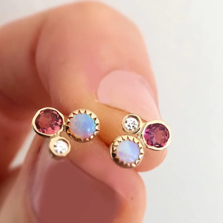 14kt Gold Opal, Diamond and Pink Tourmaline Cluster Studs from La Kaiser at Moondance Jewelry Gallery