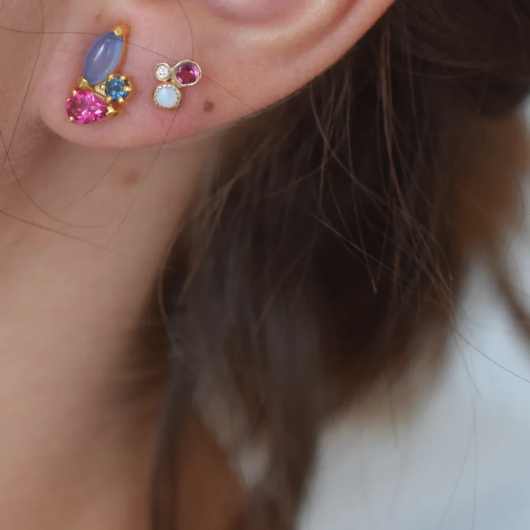 14kt Gold Opal, Diamond and Pink Tourmaline Cluster Studs from La Kaiser at Moondance Jewelry Gallery
